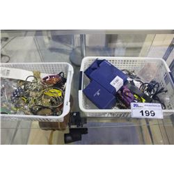 TWO BASKETS OF COSTUME JEWELLERY AND OTHER MISC COLLECTABLES