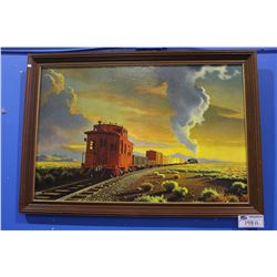 FRAMED PRINT OF A TRAIN IN THE SUNSET