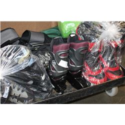 2 PAIRS OF ROLLER BLADES AND SNOWBOARD BOOTS