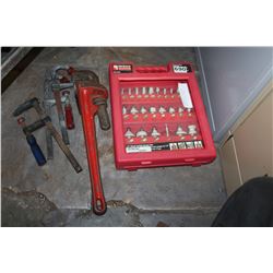 PIPE WRENCH AND CASE OF NEW ROUTER BITS AND 3 CLAMPS