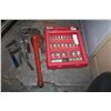 Image 1 : PIPE WRENCH AND CASE OF NEW ROUTER BITS AND 3 CLAMPS