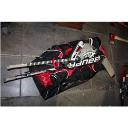 HOCKEY BAG CCM SKATES AND HOCKEY GEAR AND STICKS