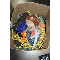 BOX OF EXTENTION CORDS AND TOOL BELT WITH TOOLS