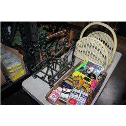 TRAY OF CARDS AND TOYS AND TWO MAGAZINE RACKS