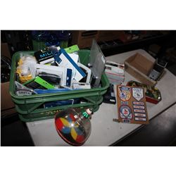 BOX OF VINTAGE KIDS TOYS AND NEW ELECTRONICS