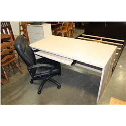 BLACK LEATHER ROLLING OFFICE CHAIR AND COMPUTER DESK