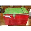 Image 1 : VINTAGE WOOD TRUNK WITH CAST IRON CONTENTS AND OLD STEAM IRON
