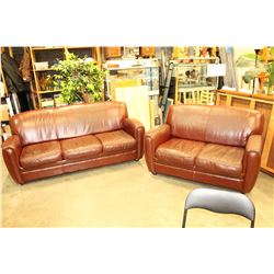 BROWN LEATHER MODERN SOFA AND LOVESEAT