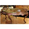 Image 2 : HIGHLY CARVED FRENCH STYLE COFFEE TABLE WITH SHAPED BEVELLED GLASS TOP