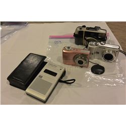 3 DIGITAL CAMERAS AND CASED VOICE RECORDER