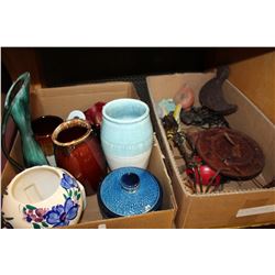 TRAY OF POTTERY VASES AND METAL AND POTTERY FIGURES