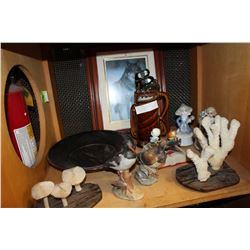 SHEF LOT OF FRAMED HUSKY PICTURE AND MUSICAL FIGURES AND CORAL ETC
