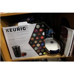 KEURIG B60 COFFEE BREWER AND ELECTRIC COFFEE GRINDER AND PROCTOR SILEX WAFFLE MAKER AND TWO CHRISTMA