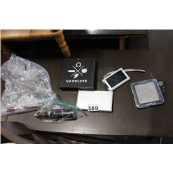 LOT OF PORTABLE SCALES, DIGTAL CAMERA AND VAPE ACCESORIES AND PENS