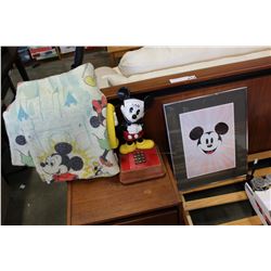 VINTAGE MICKEY MOUSE PHONE AND BLANKET AND PICTURE