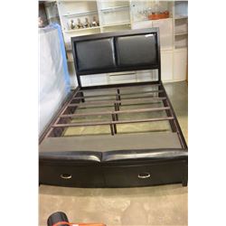 NEW FLOOR MODEL QUEENSIZE MODERN BEDFRAME WITH TWO STORAGE DRAWERS AND LEATHER INSET HEADBOARD, RETA