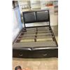 Image 1 : NEW FLOOR MODEL QUEENSIZE MODERN BEDFRAME WITH TWO STORAGE DRAWERS AND LEATHER INSET HEADBOARD, RETA
