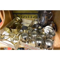 TRAY OF SILVER PLATE AND TRAY OF BRASSWARE