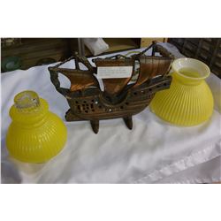 ANTIQUE ELECTRIC SHIPS LAMP FROM HALIFAX AND TWO ANTIQUE GLASS SHADES