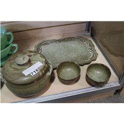 SIGNED POTTERY SOUP TUREEN WITH BOWLS AND TRAY