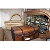 Image 1 : WICKER PICNIC BASKET AND WALL ART CANDLE HOLDER AND DECORATIVE TRUNK