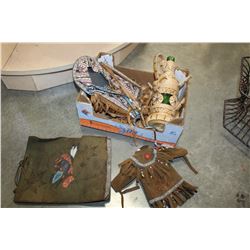 TRAY OF FIRST NATIONS COLLECTIBLES AND WICKER CASED BOTTLE