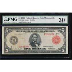1914 $5 Minneapolis Red Seal Federal Reserve Note PMG 30