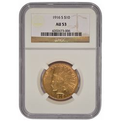 1916-S $10 Indian Head Eagle Gold Coin NGC AU53