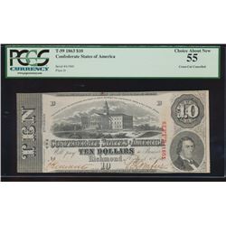 1863 $10 Confederate States of America Note PCGS 55 Cross Cut Cancelled