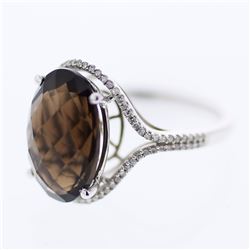 14KT White Gold 6.08ct Smokey Topaz and Diamond Ring