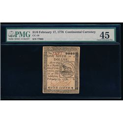 1776 $1/6 Dollar Continental Currency PMG 45