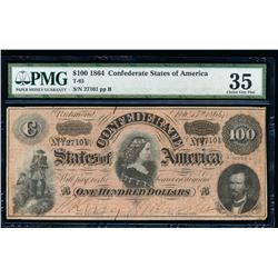 1864 $100 Confederate Sates of America Note PMG 35