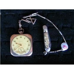 ELGIN OPEN FACE SQUARE CASE W/CHAIN & KNIFE