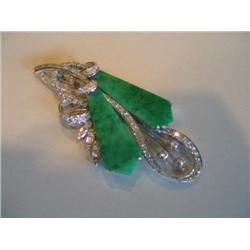 14KG BROOCH W/DIAMONDS (2 MISSING) & JADE