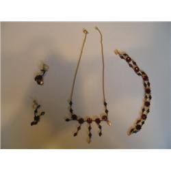 LOT, (3) PIECE SET GARNET JEWELRY INCLUDING; NECKLACE, EARRINGS & BRACELET