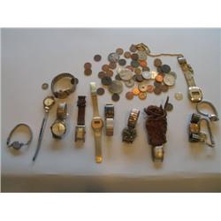 LOT, ASSORT WATCHES & COINS