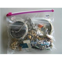 LOT, ASSORT JEWELRY, TRINKETS & $5 BILL