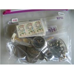 LOT, MISC JEWELRY, (9) IKE DOLLARS, MORGAN DOLLARS, ASSORT COINS & WATCH