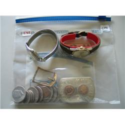 LOT, ASSORT COINS, WATCHES & BUCKLES