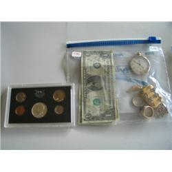 LOT, MISC JEWELRY, 1969 PROOF SET, (3) $1 BILLS