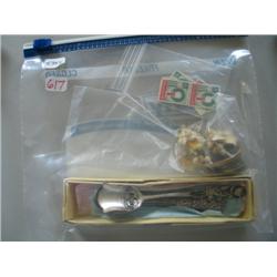 LOT, SPOONS, JEWELRY, TOKENS & 4 CENT 1962 STAMPS