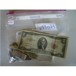 LOT, (2) WATCHES, RING W/DIAMOND, $2 BILL & (2) $1 BILLS