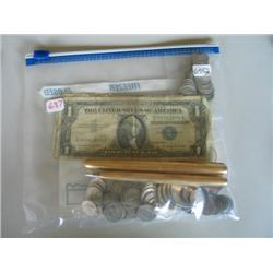 LOT, ASSORT. COINS, SILVER CERT., PENS & RING