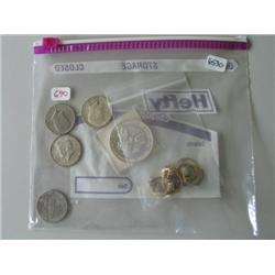 LOT, MISC JEWELRY W/1 OZ COIN, KENNEDY HALVES
