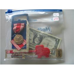 LOT, (4) SILVER DOLLARS, (1) BRACELET, (3) $1 SILVER CERTS., MEDAL