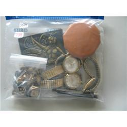 LOT, WATCHES, BUCKLE, KNIFE & ASSORT JEWELRY