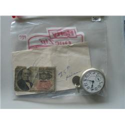 LOT, ELGIN POCKET WATCH, 1908 INDIAN HEAD PENNY, 25 CENT FRACTIONAL CURRENCY