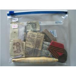 LOT, ASSORT PAPER MONEY, CARVED WHALES TOOTH, MEDAL & MEDALLION