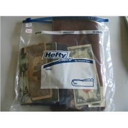 LOT, (4) 1971 IKE DOLLARS, MISC JEWELRY, $1 SILVER CERT., $2 NOTE, MINI 1923 CALENDAR, POSTCARDS, KO