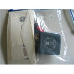 LOT, (2) 1 OZ SILVER COINS, PHILATELIC MATERIALS